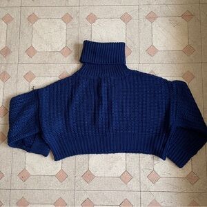 Mango Blue Cropped Boxy Knit Turtleneck